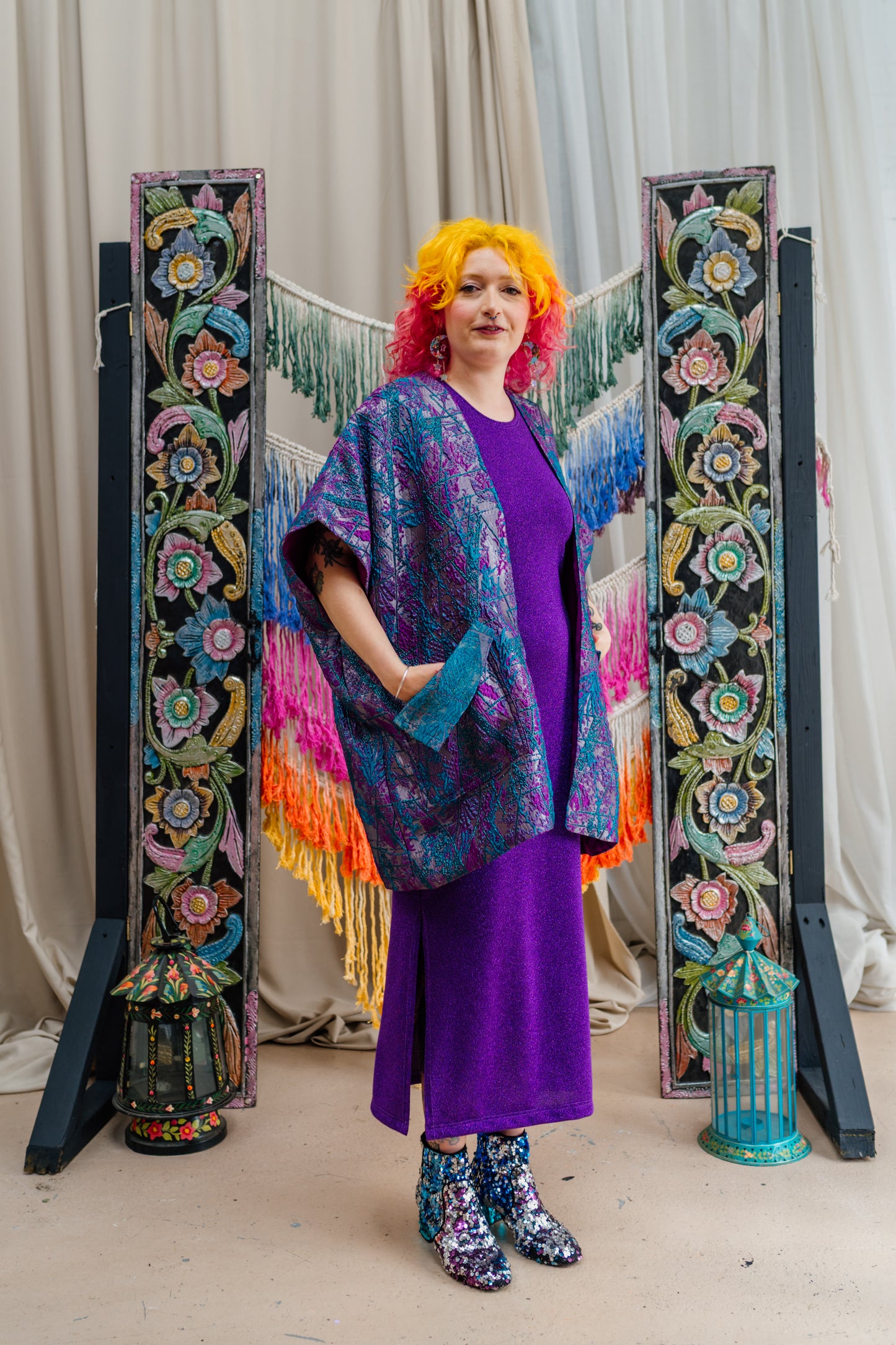 Lined Shawl Kimono in Purple & Teal