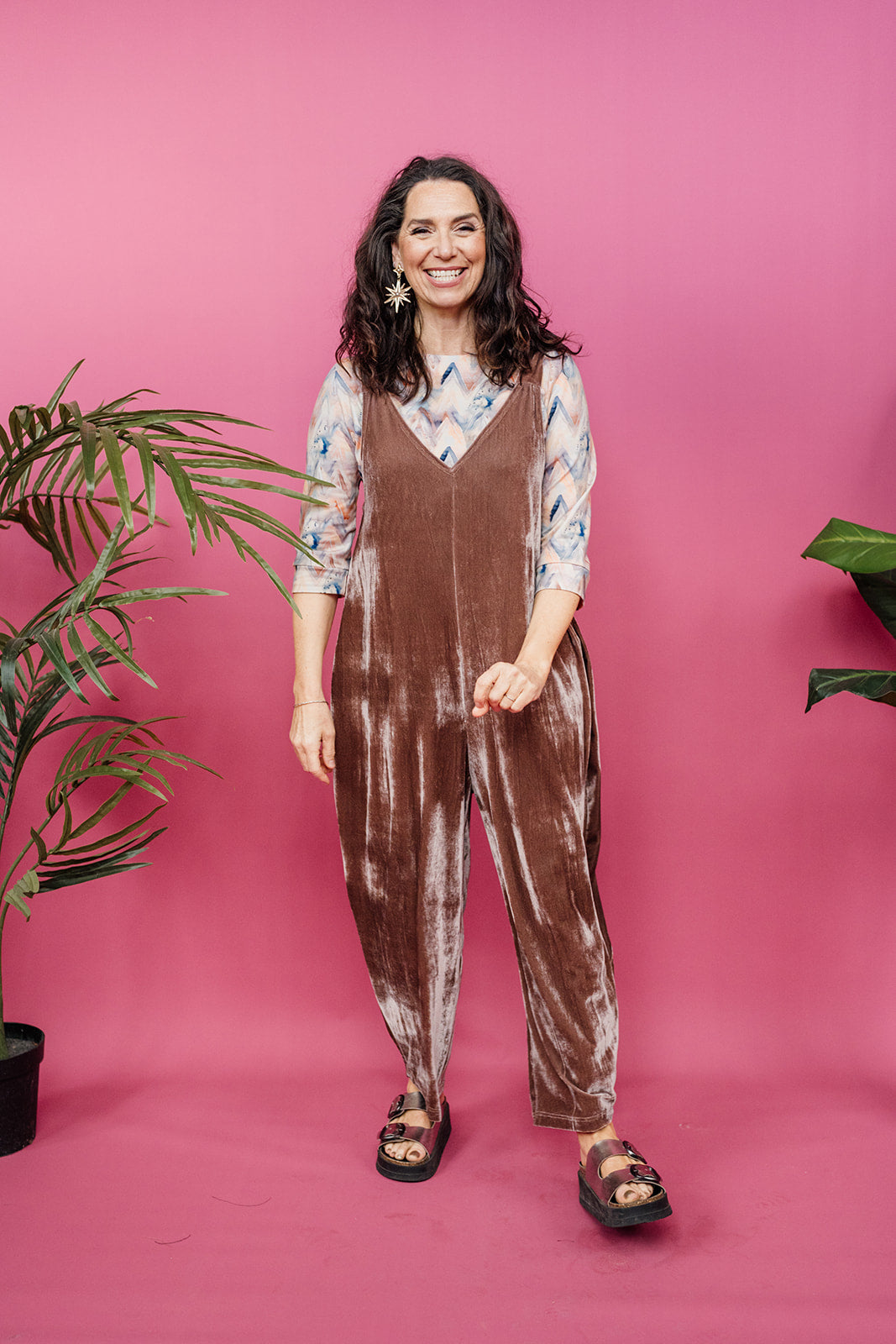 Velvet Dungaree Jumpsuit in Mushroom - Megan Crook