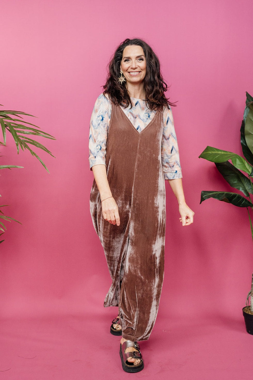 Velvet Dungaree Jumpsuit in Mushroom - Megan Crook