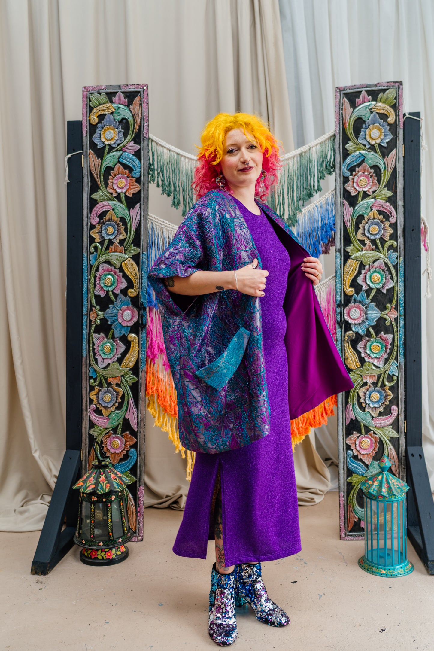 Lined Shawl Kimono in Purple & Teal