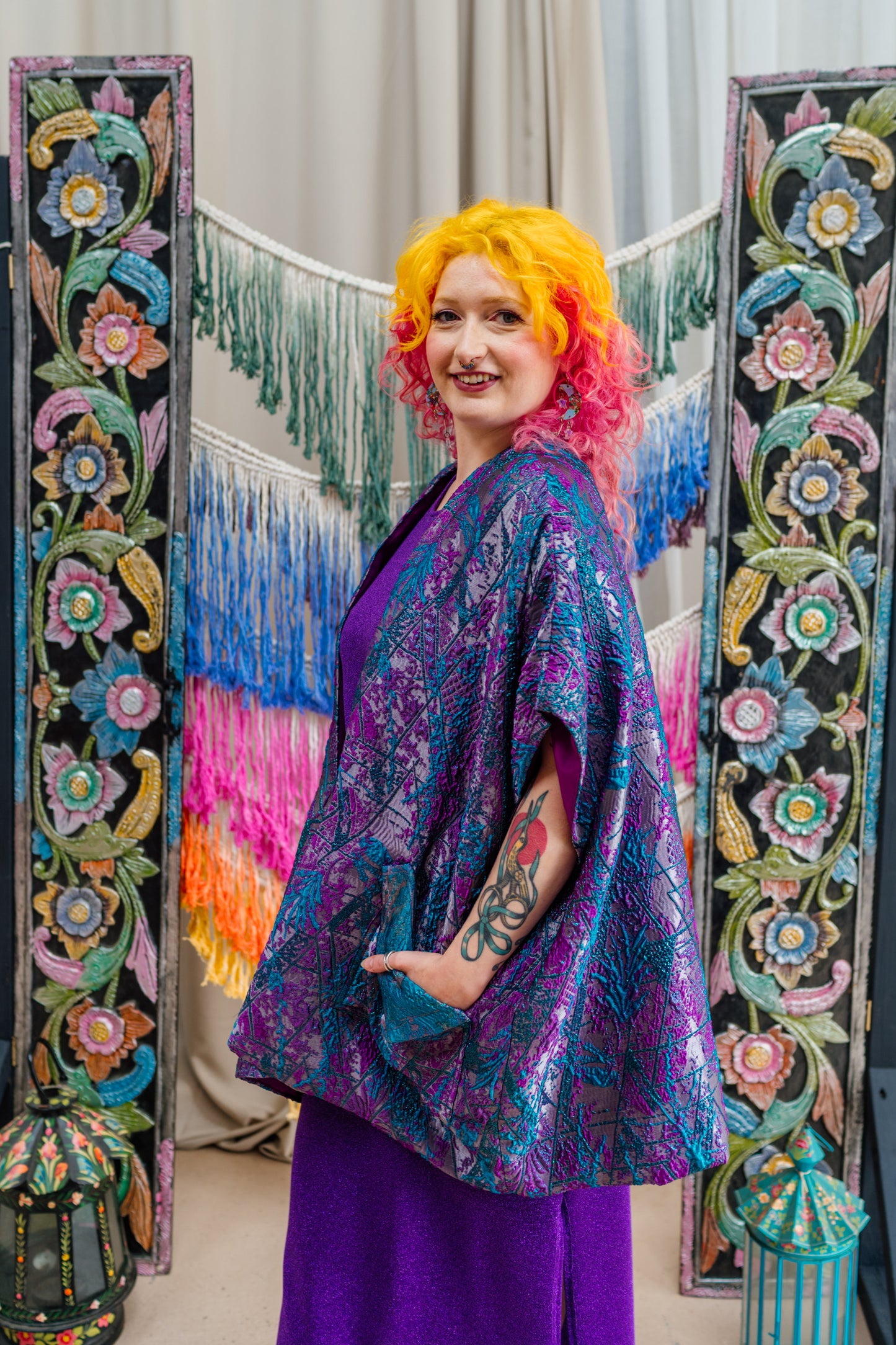 Lined Shawl Kimono in Purple & Teal