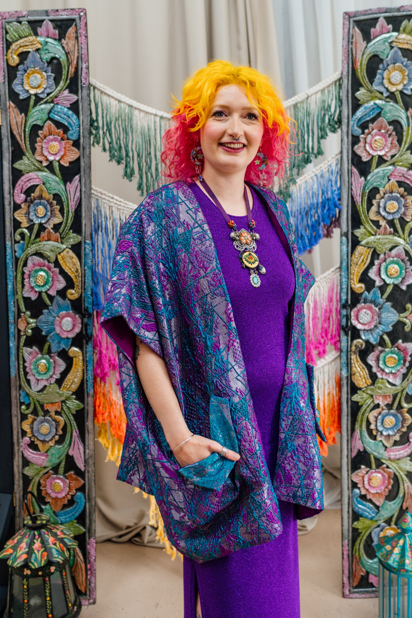 Lined Shawl Kimono in Purple & Teal