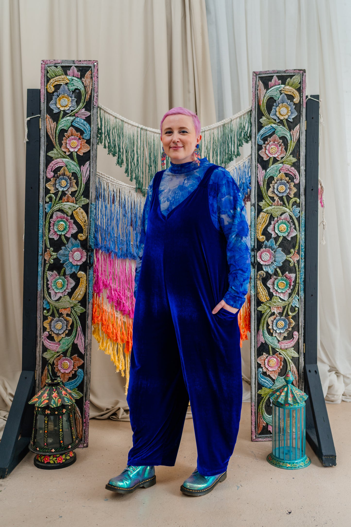 Velvet Dungaree Jumpsuit in Royal Blue