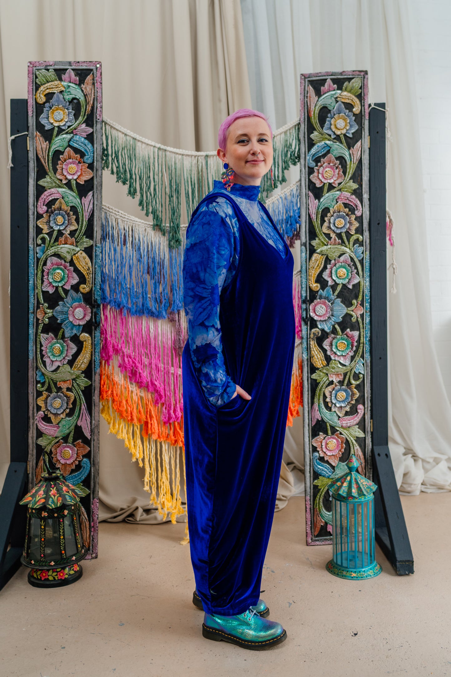 Velvet Dungaree Jumpsuit in Royal Blue