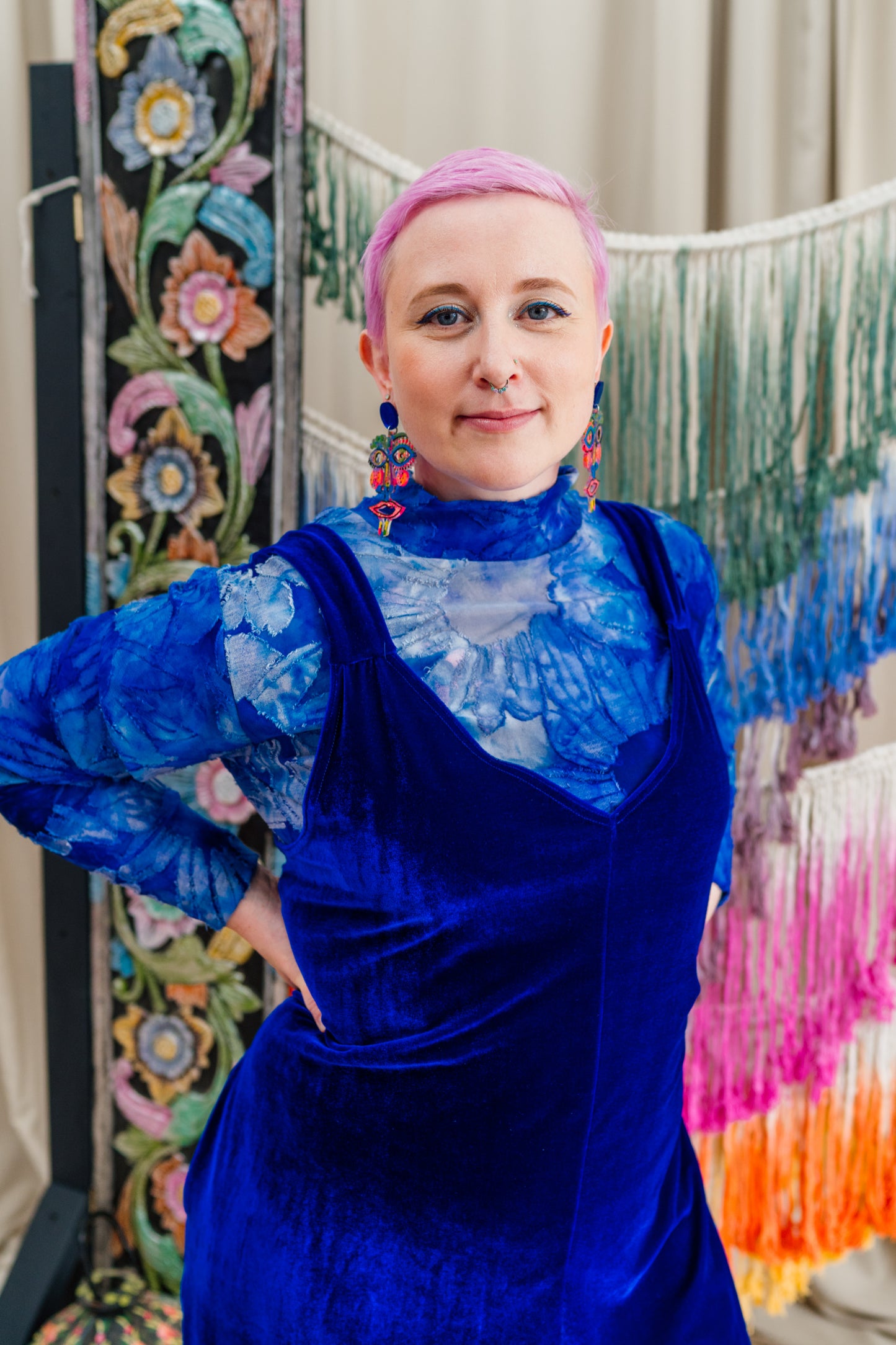 Velvet Dungaree Jumpsuit in Royal Blue