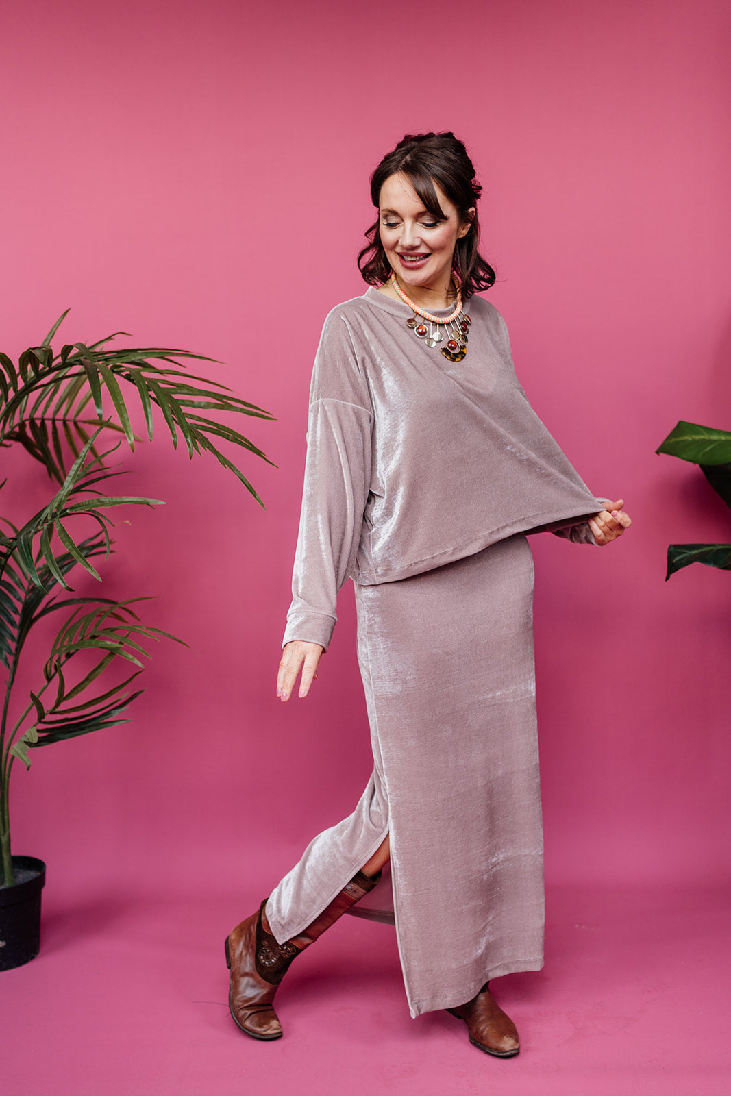 Maxi Velvet Side Split Skirt in Oyster - Megan Crook