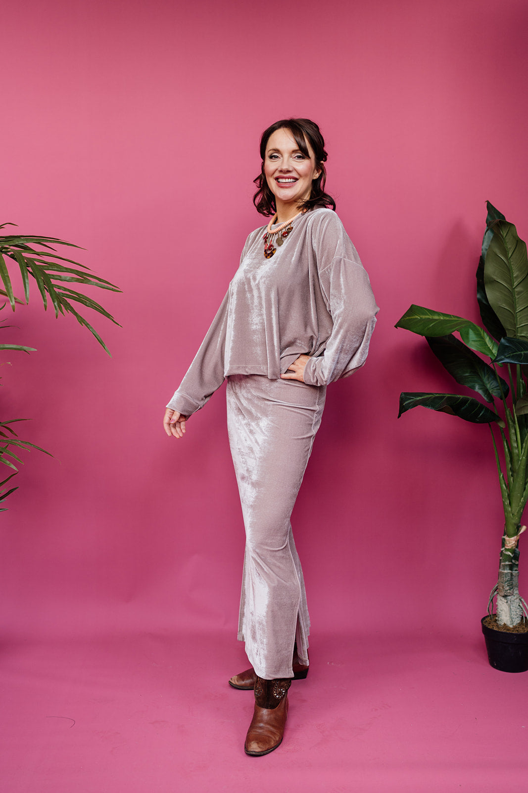 Maxi Velvet Side Split Skirt in Oyster