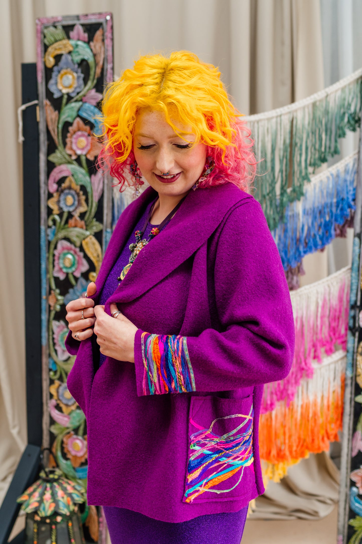 Embellished Cropped Wool Coat in Berry