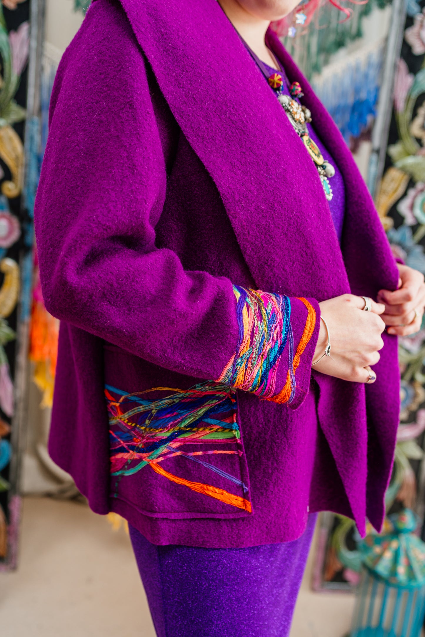 Embellished Cropped Wool Coat in Berry