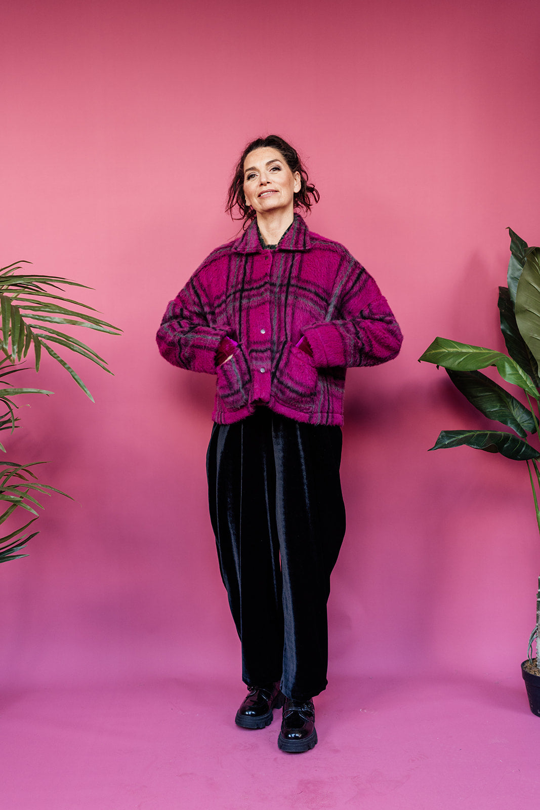 * Brushed Wool Cropped Jacket in Berry Plaid