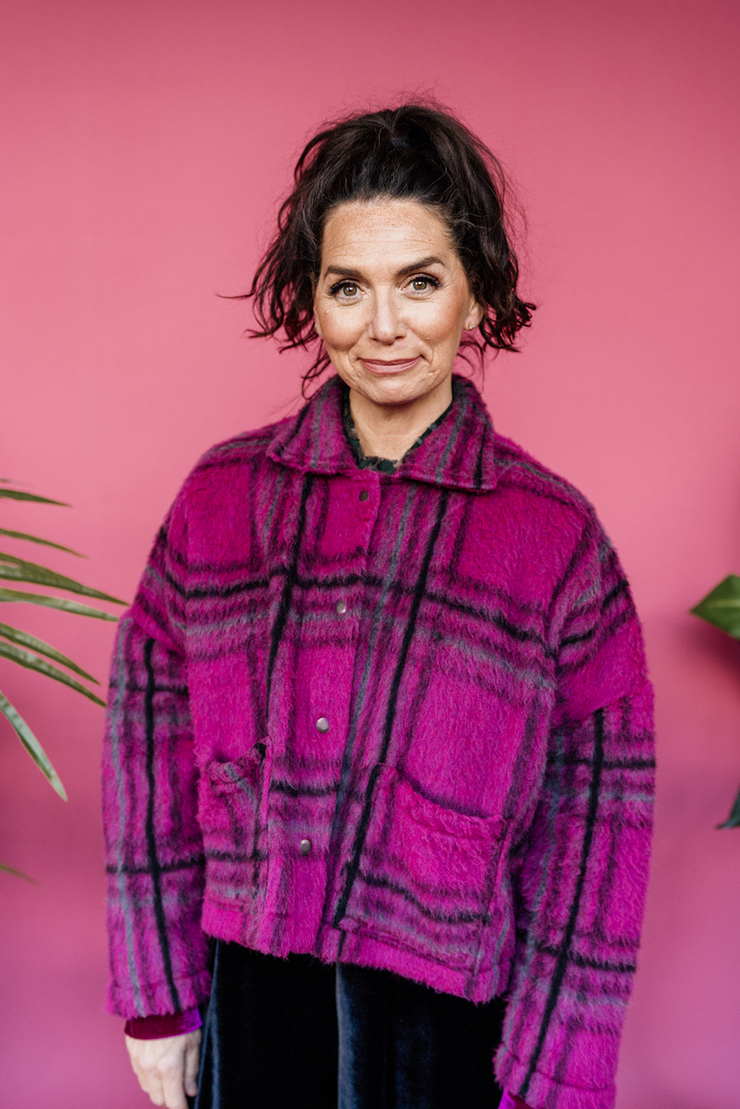 * Brushed Wool Cropped Jacket in Berry Plaid