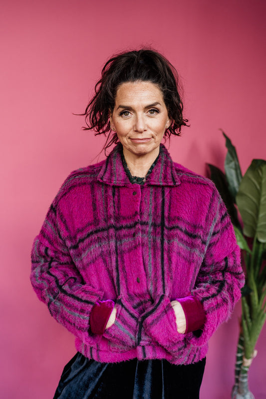 * Brushed Wool Cropped Jacket in Berry Plaid