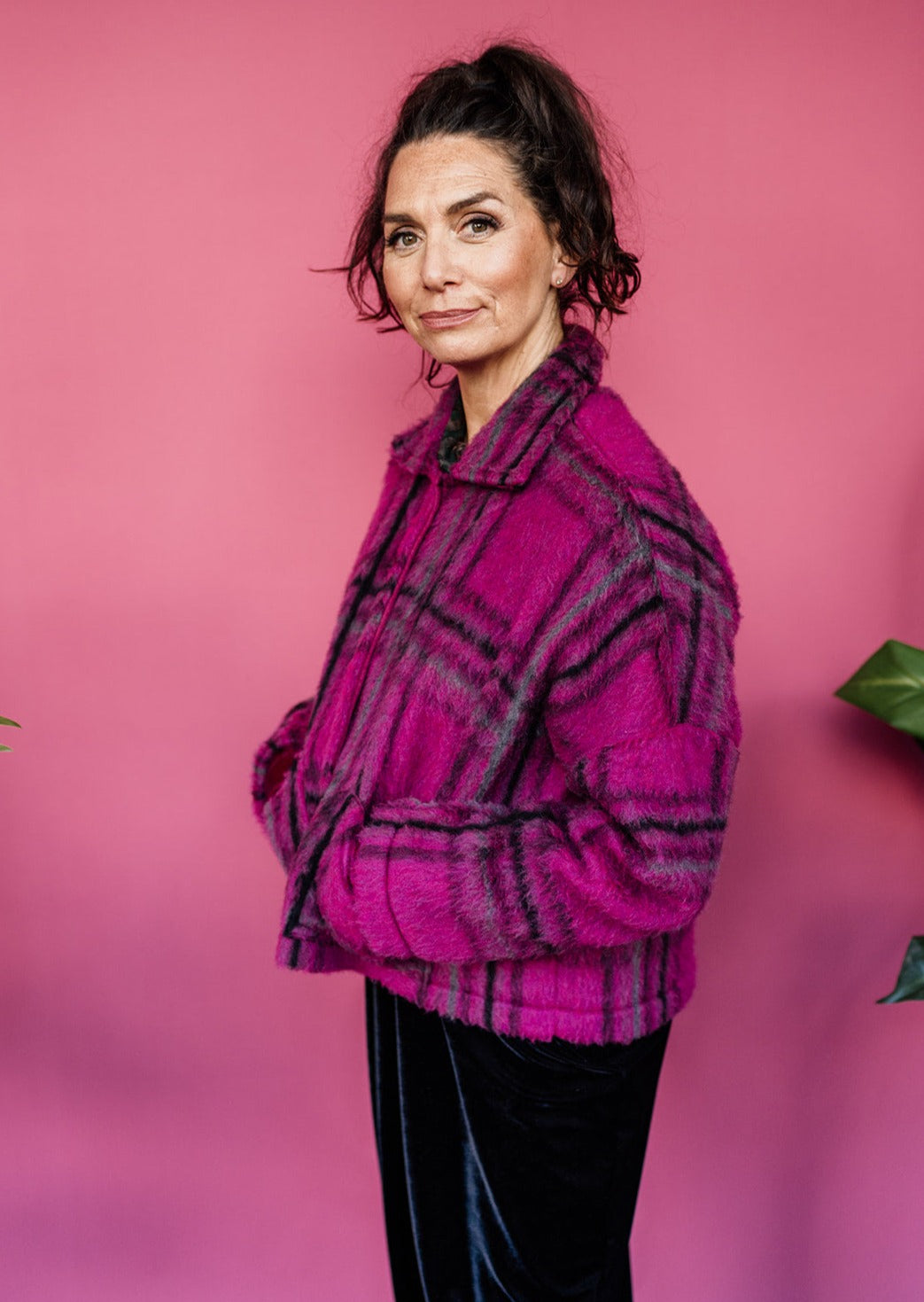 * Brushed Wool Cropped Jacket in Berry Plaid