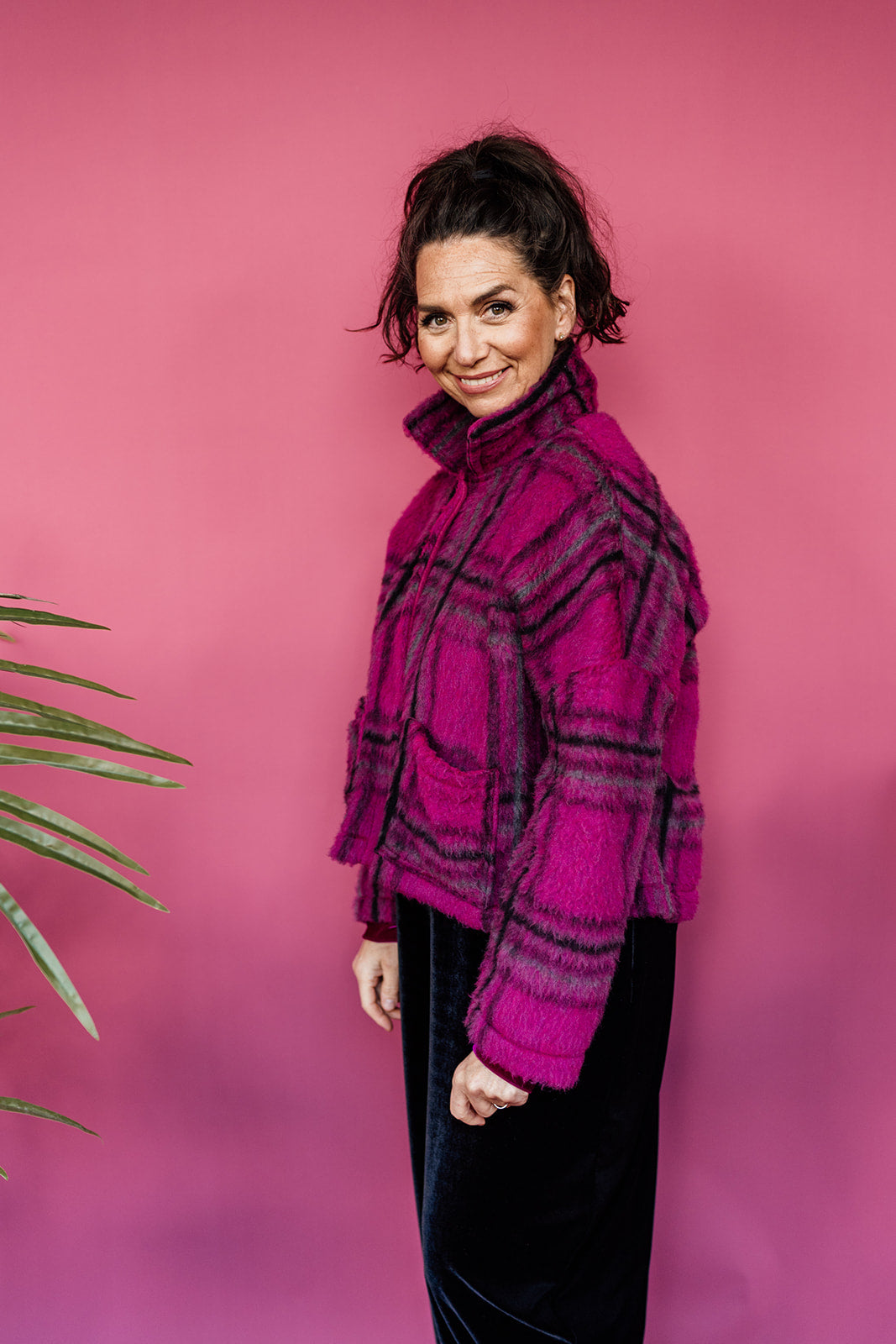 * Brushed Wool Cropped Jacket in Berry Plaid