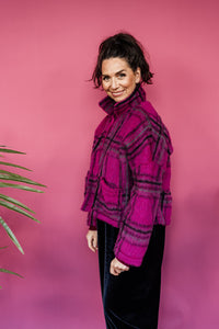Brushed Wool Cropped Jacket in Berry Plaid