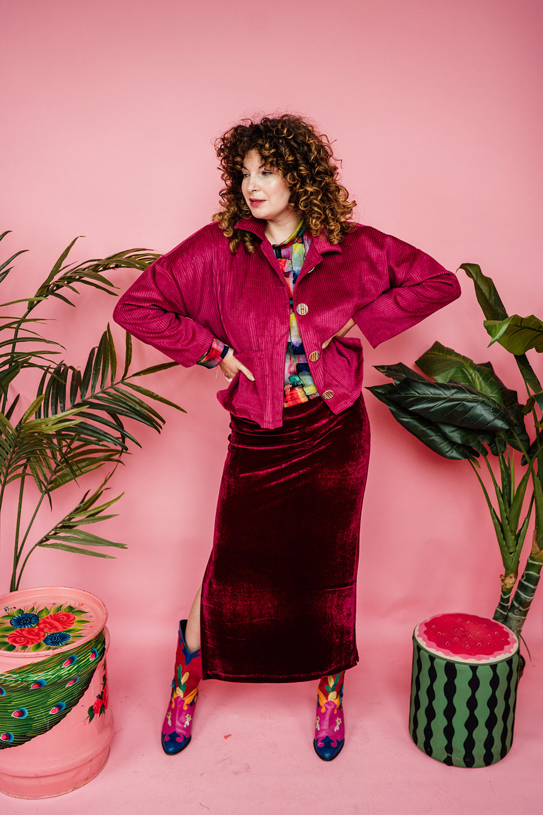 Corduroy Cropped Chore Jacket in Berry