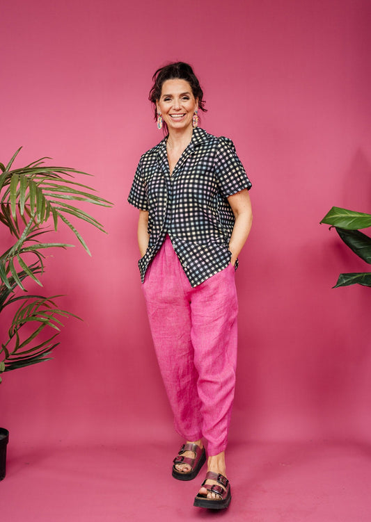 SALE - Long Bowling Shirt in Pastel Gingham Needlecord M, L