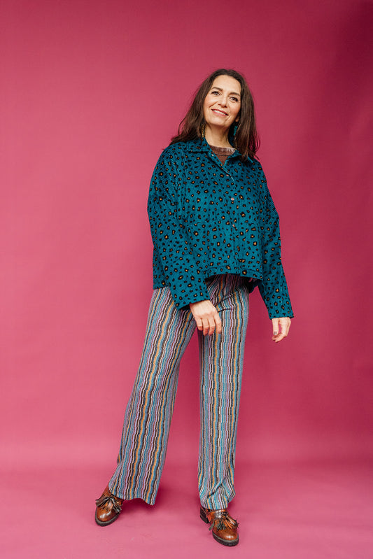 SALE - Corduroy Cropped Chore Jacket in Teal Leopard L