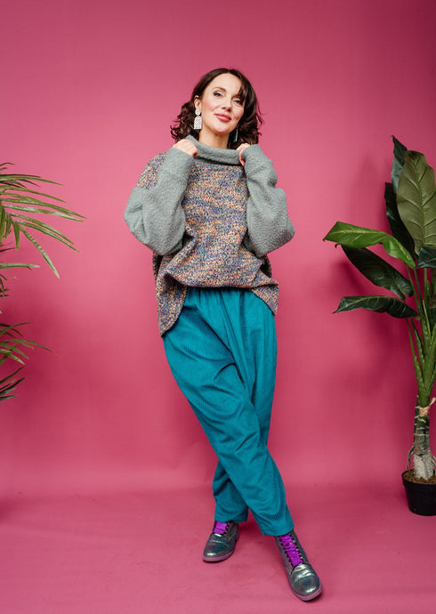 Ankle Grazer Trousers in Teal Cord