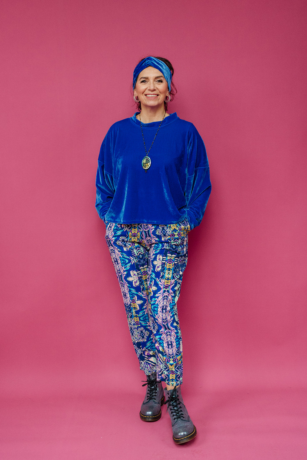 Tapered Trousers in Blue Aztec Linen - Megan Crook