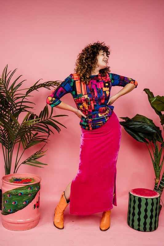 SALE - Maxi Velvet Side Split Skirt in Bright Pink XS