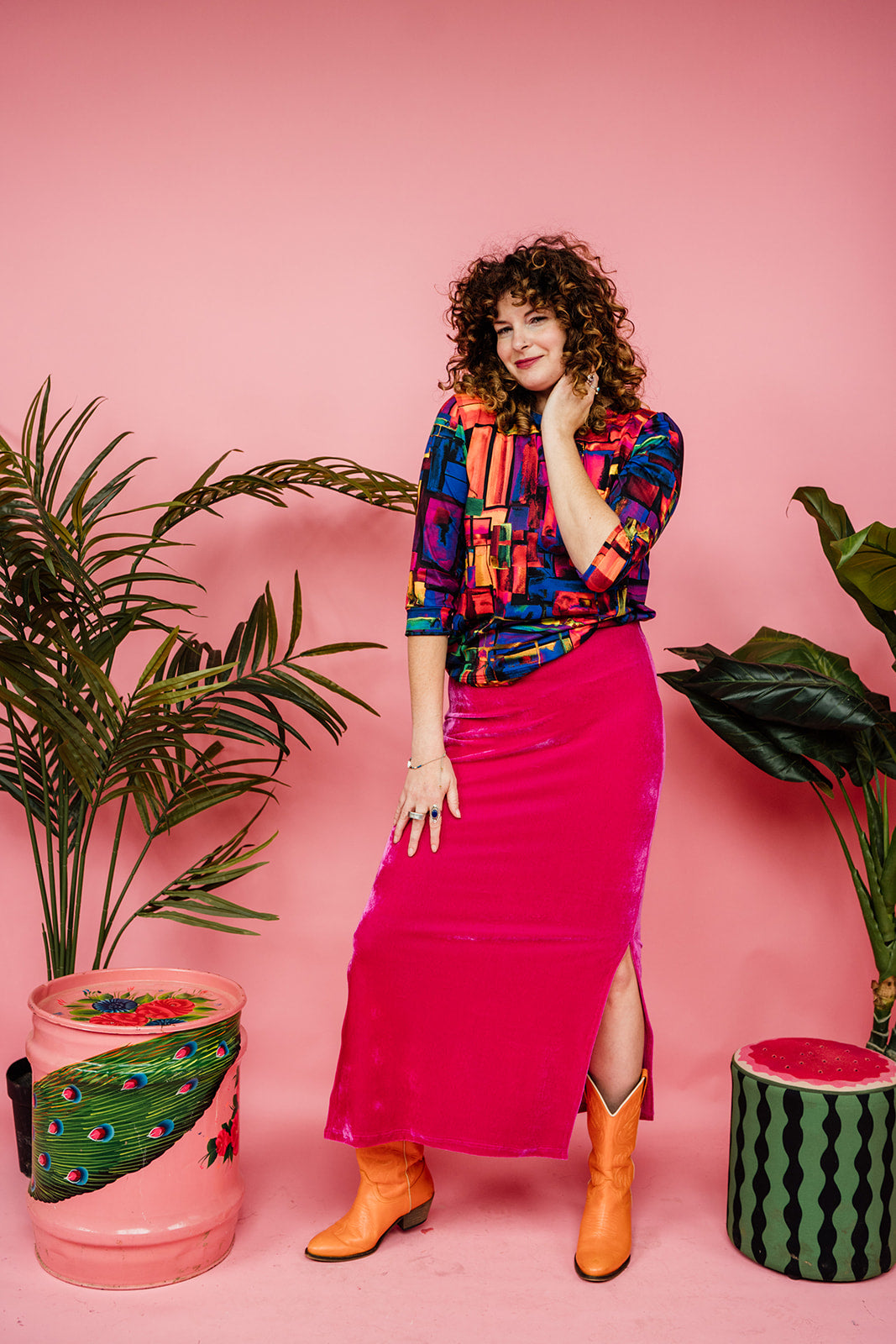 SALE - Maxi Velvet Side Split Skirt in Bright Pink XS