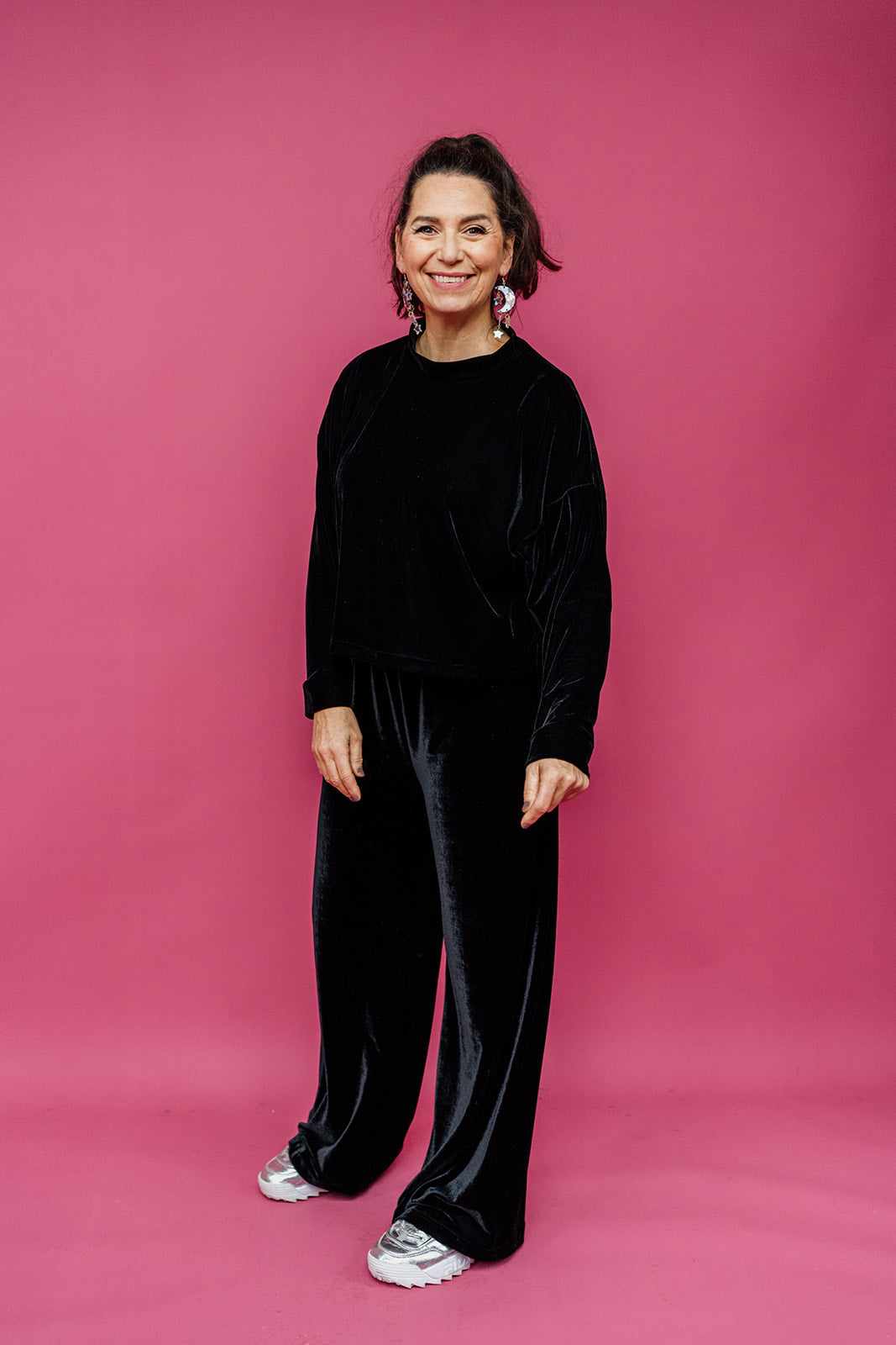 Velvet Straight Leg Trousers in Black - Megan Crook