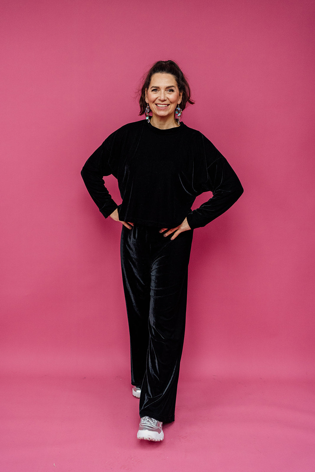 Velvet Straight Leg Trousers in Black - Megan Crook