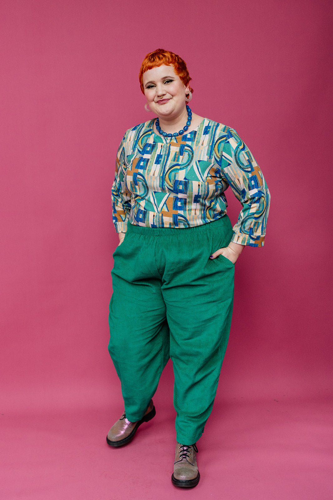 3/4 Sleeve Top in Green Retro Block - Megan Crook