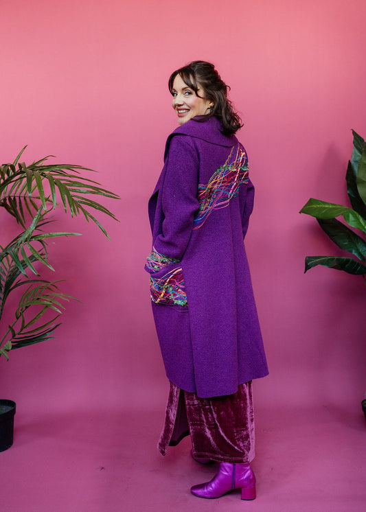 Embellished Long Wool Coat in Berry - Rainbow Embellishment