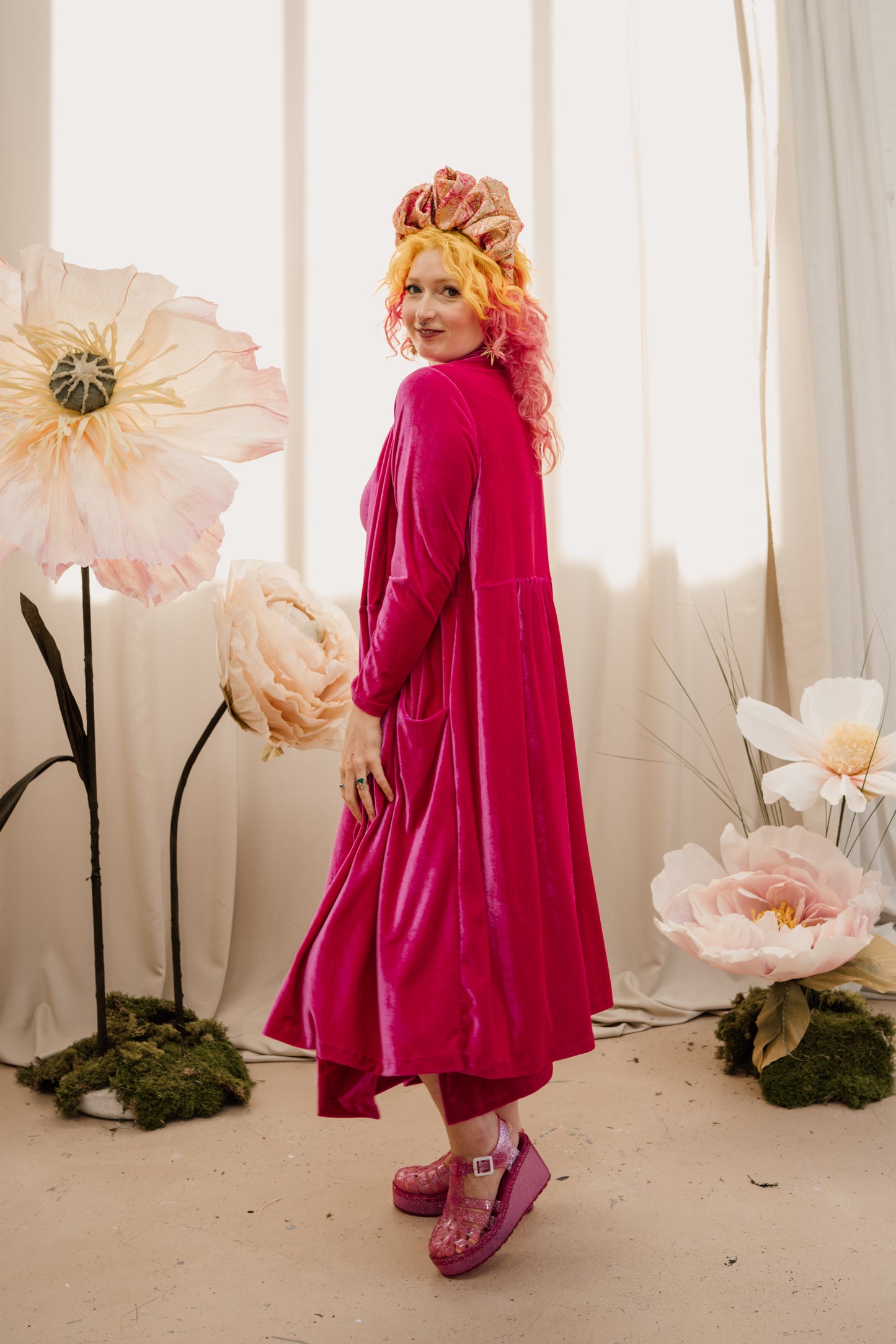Velvet Maxi Cardigan in Bright Pink