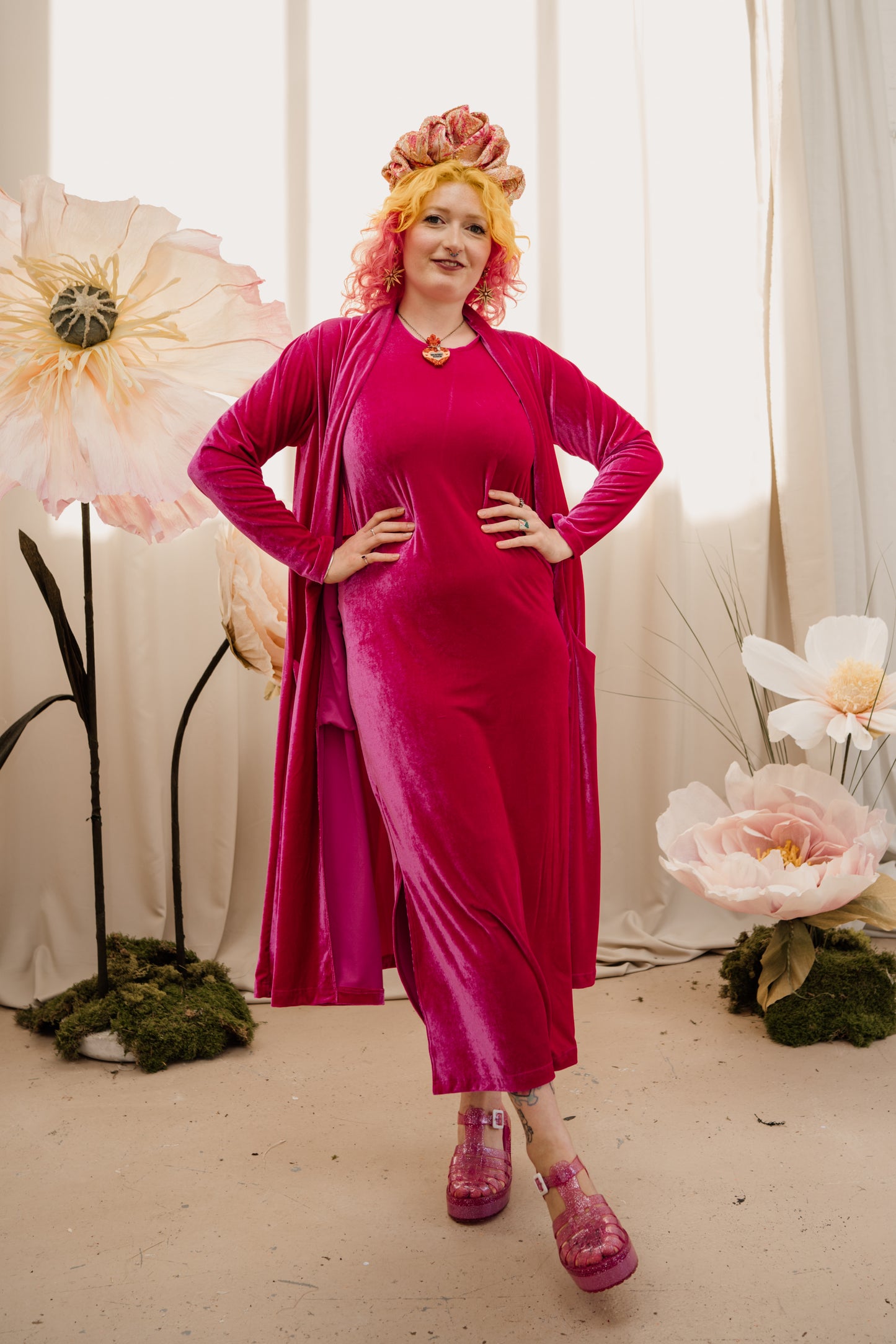 Velvet Maxi Cardigan in Bright Pink