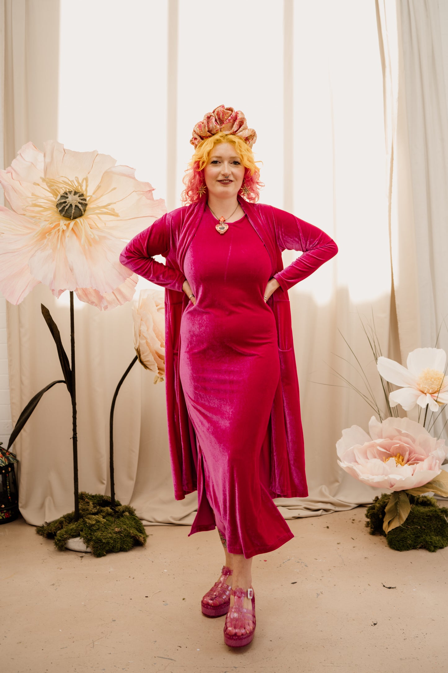 Velvet Maxi Cardigan in Bright Pink