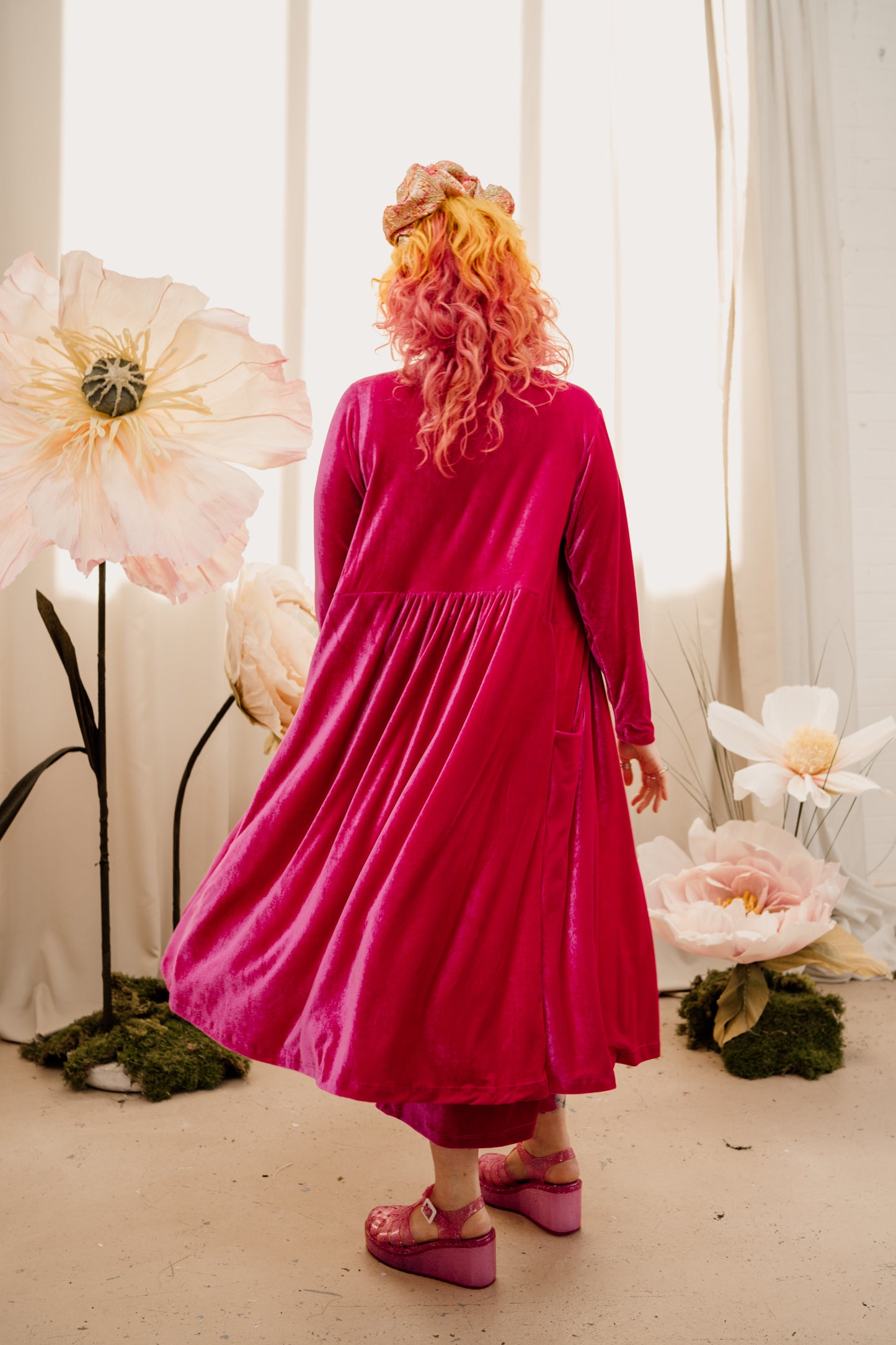 Velvet Maxi Cardigan in Bright Pink