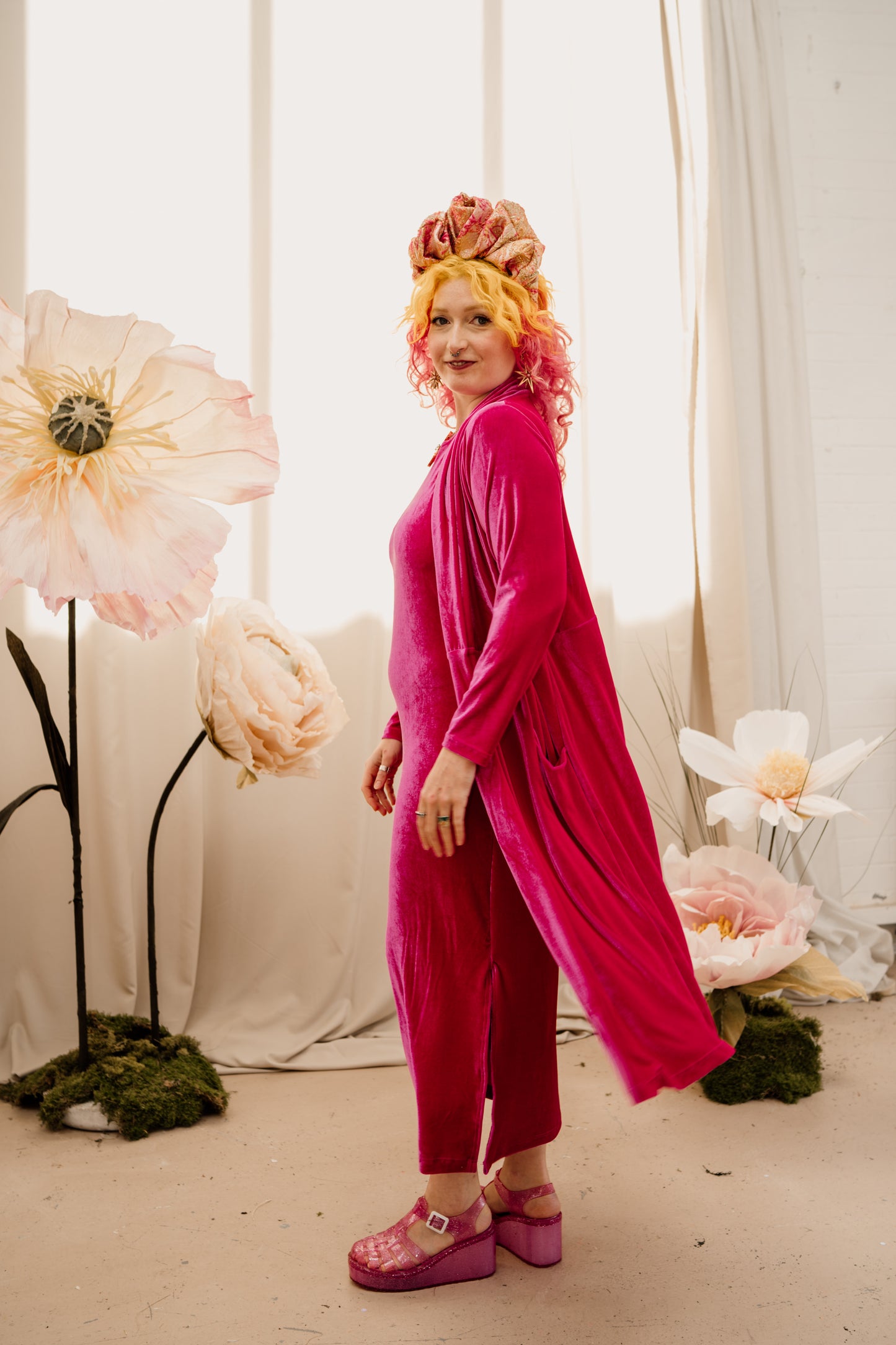 Velvet Maxi Cardigan in Bright Pink