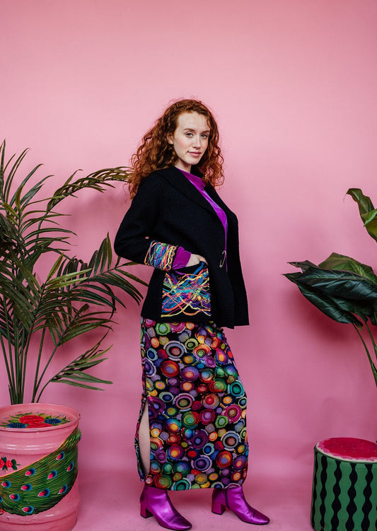 Embellished Cropped Wool Coat in Black Rainbow