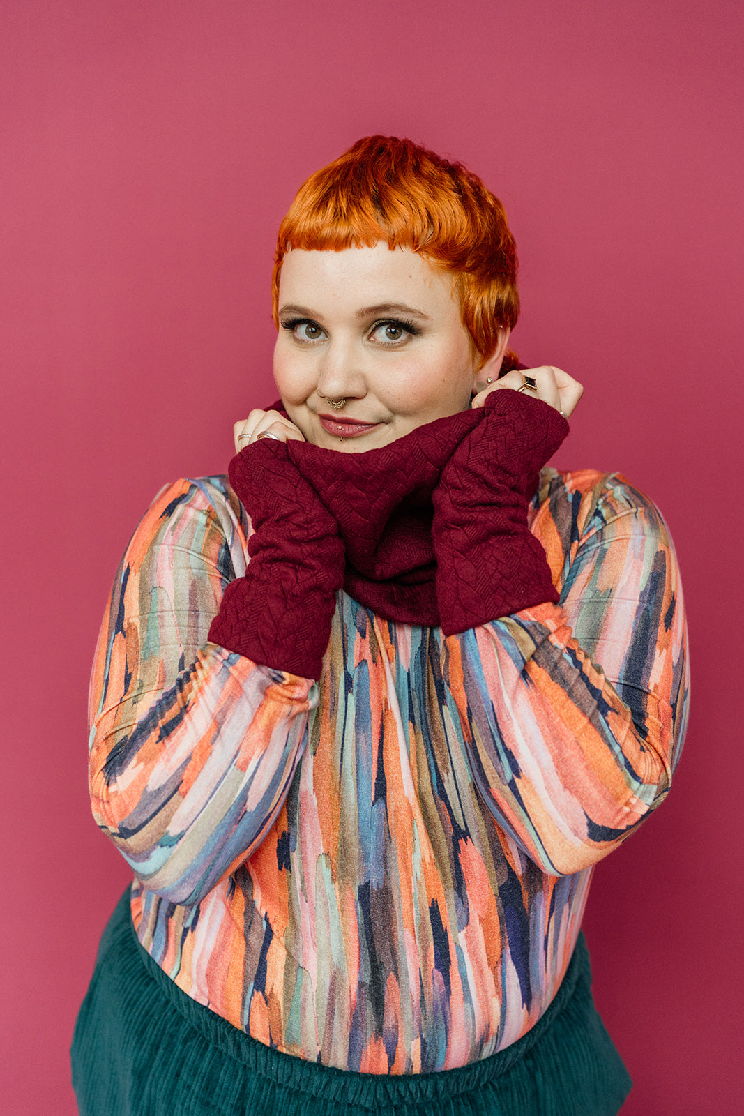 Cable Knit Jersey Cowl and Wrist Warmers Set in Burgundy - Megan Crook