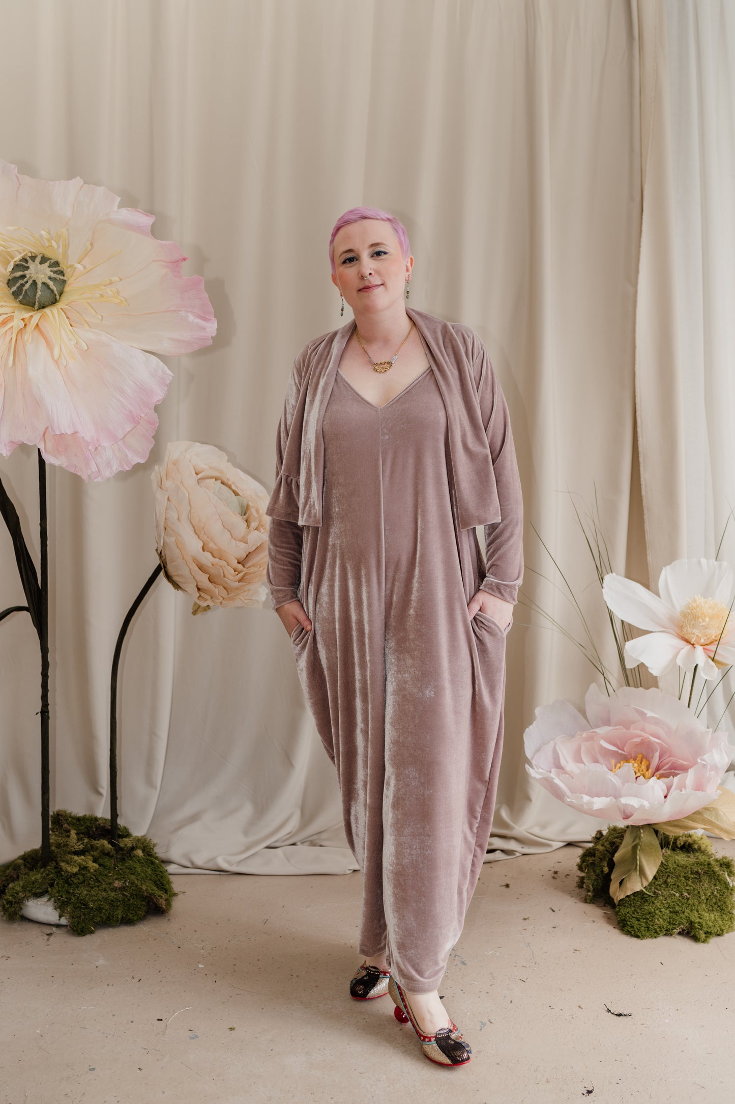 Velvet Dungaree Jumpsuit in Oyster