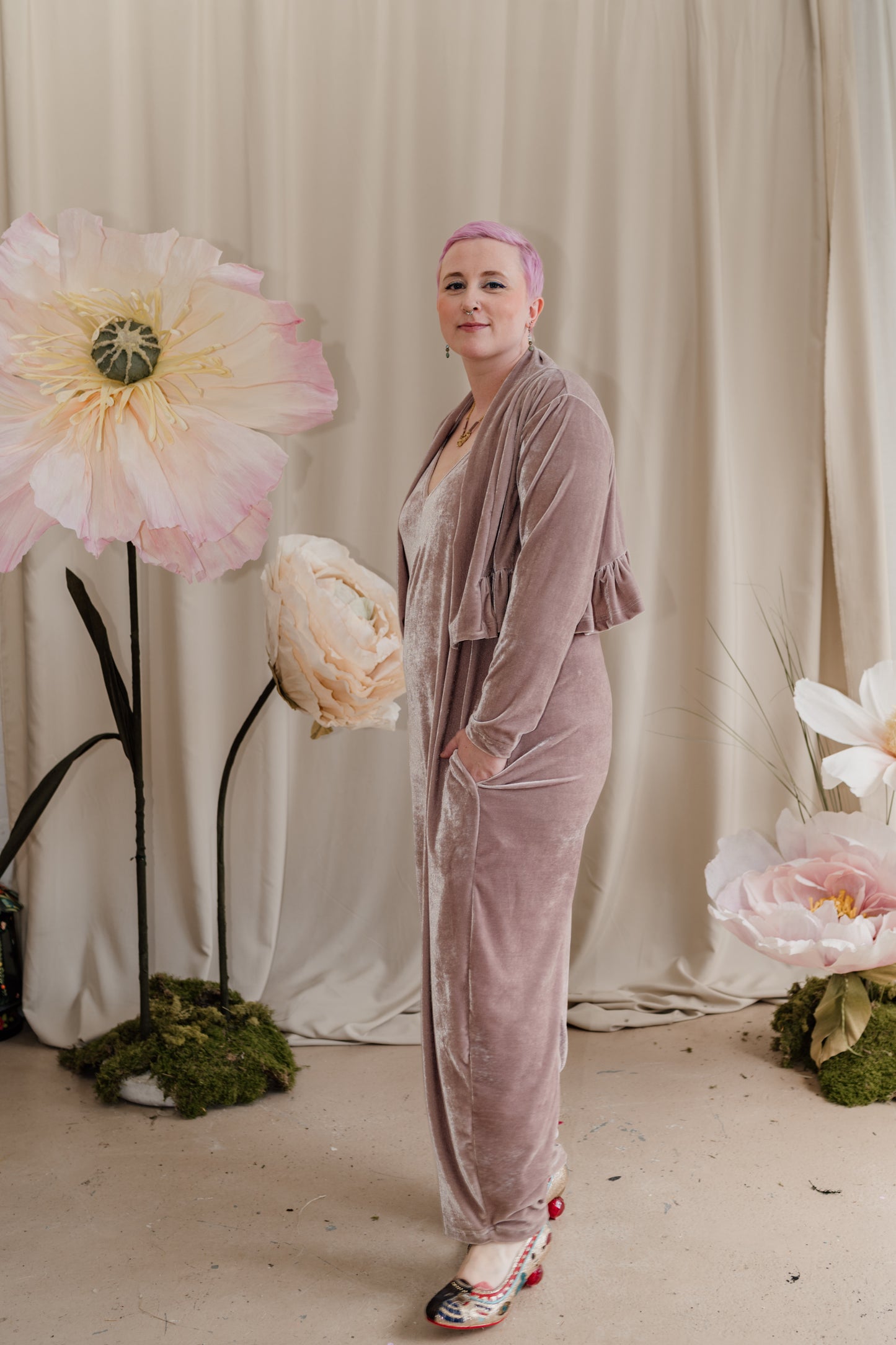 Velvet Dungaree Jumpsuit in Oyster