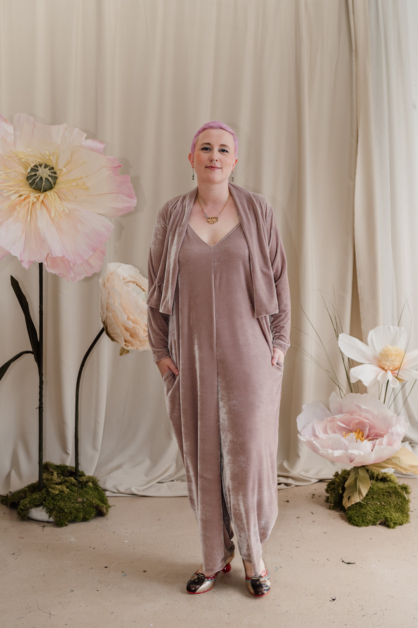 Velvet Dungaree Jumpsuit in Oyster