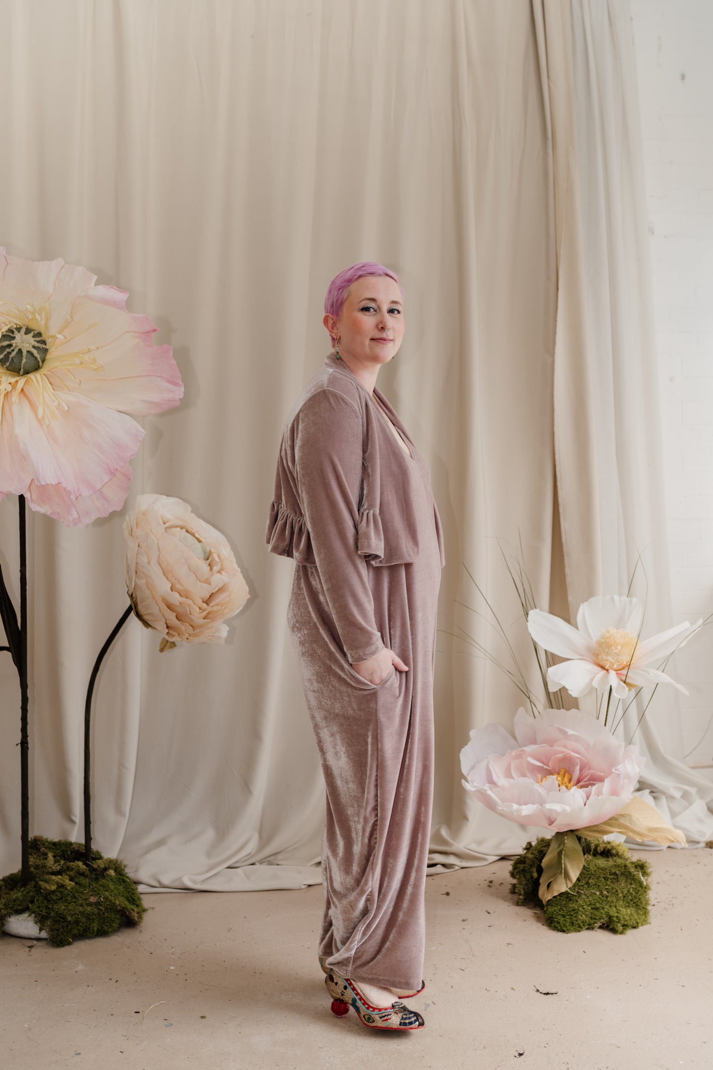 Velvet Dungaree Jumpsuit in Oyster