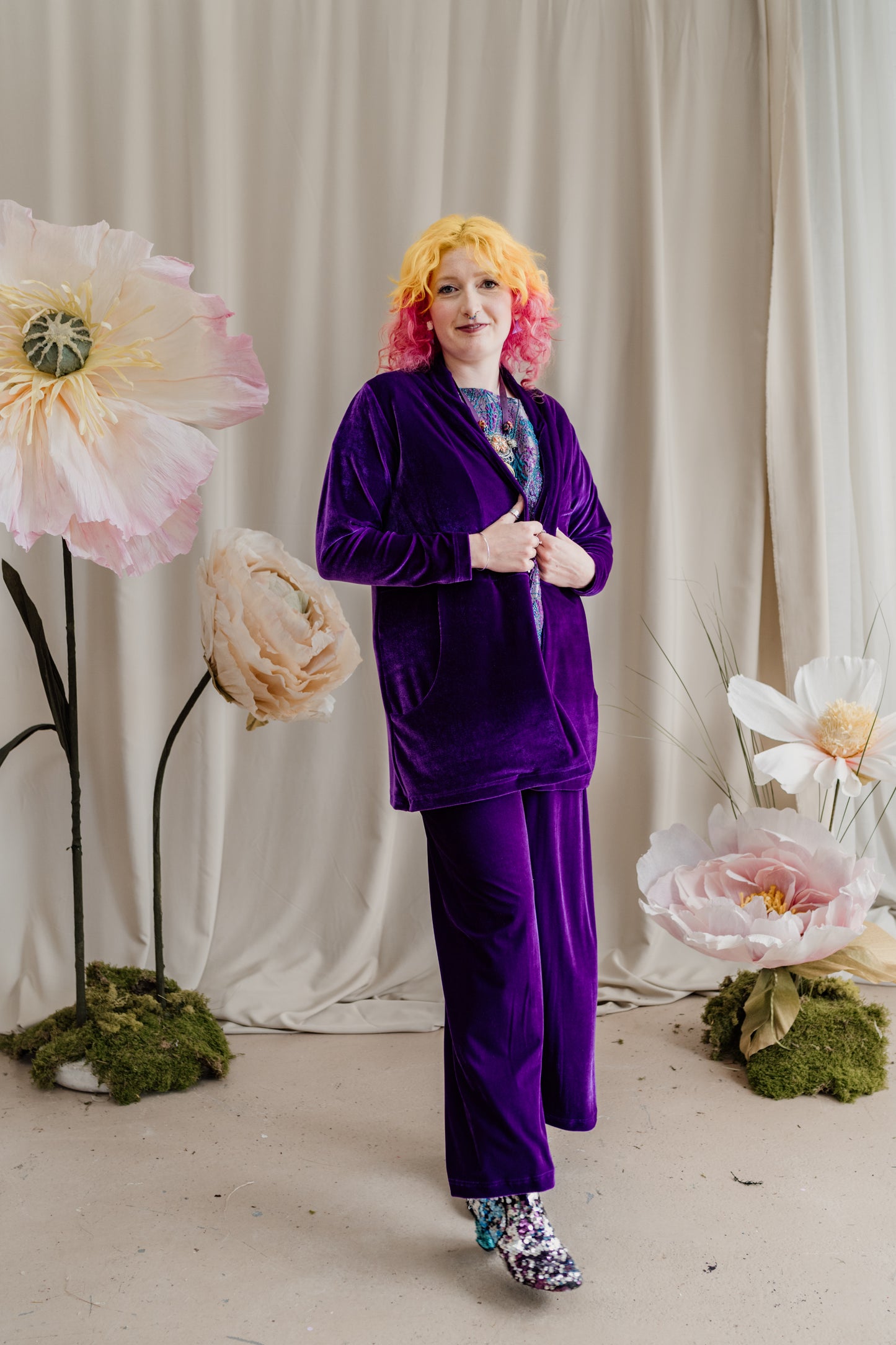 Velvet Straight Leg Trousers in Purple + 1 Colour