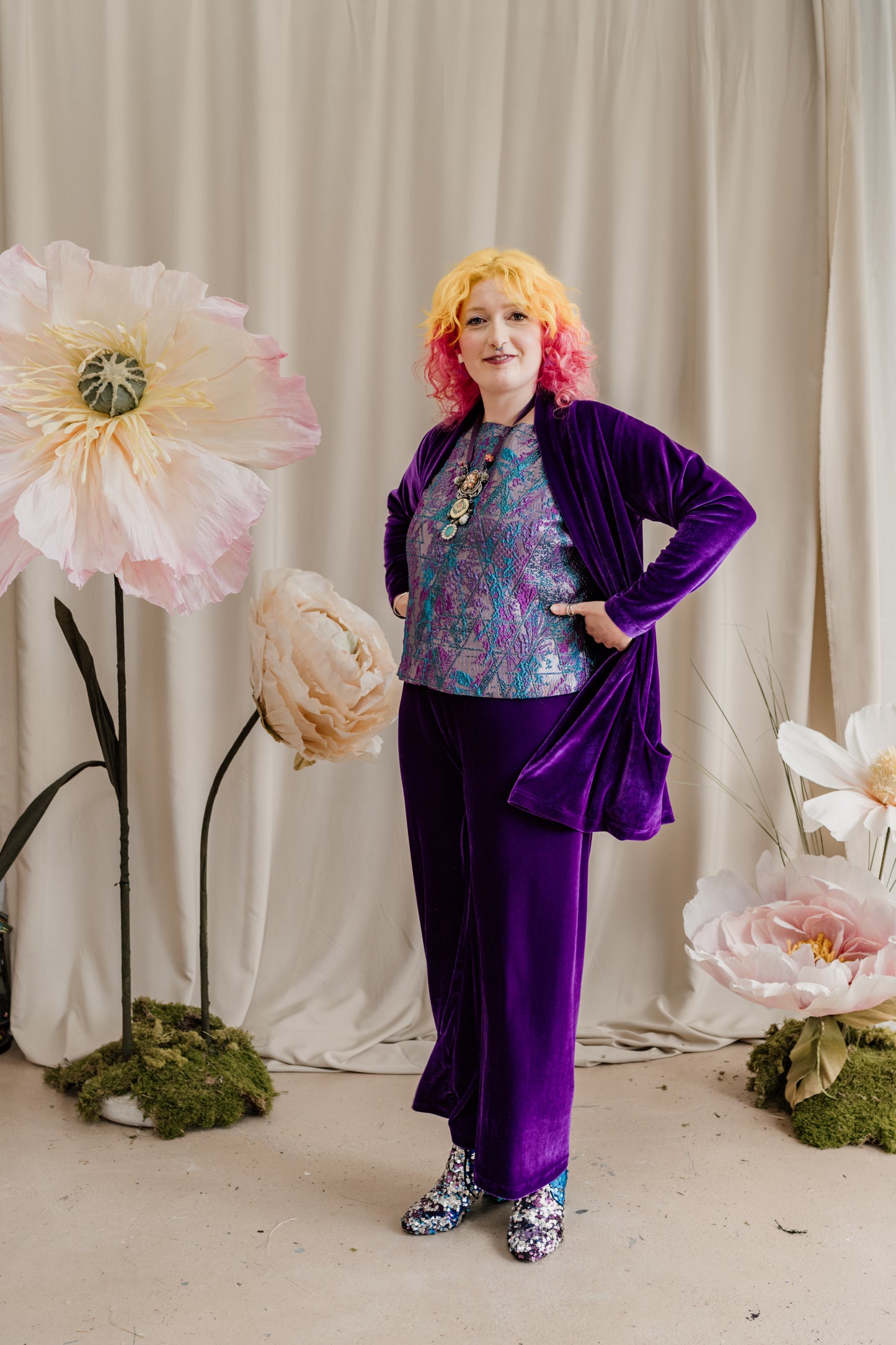 Velvet Straight Leg Trousers in Purple + 1 Colour