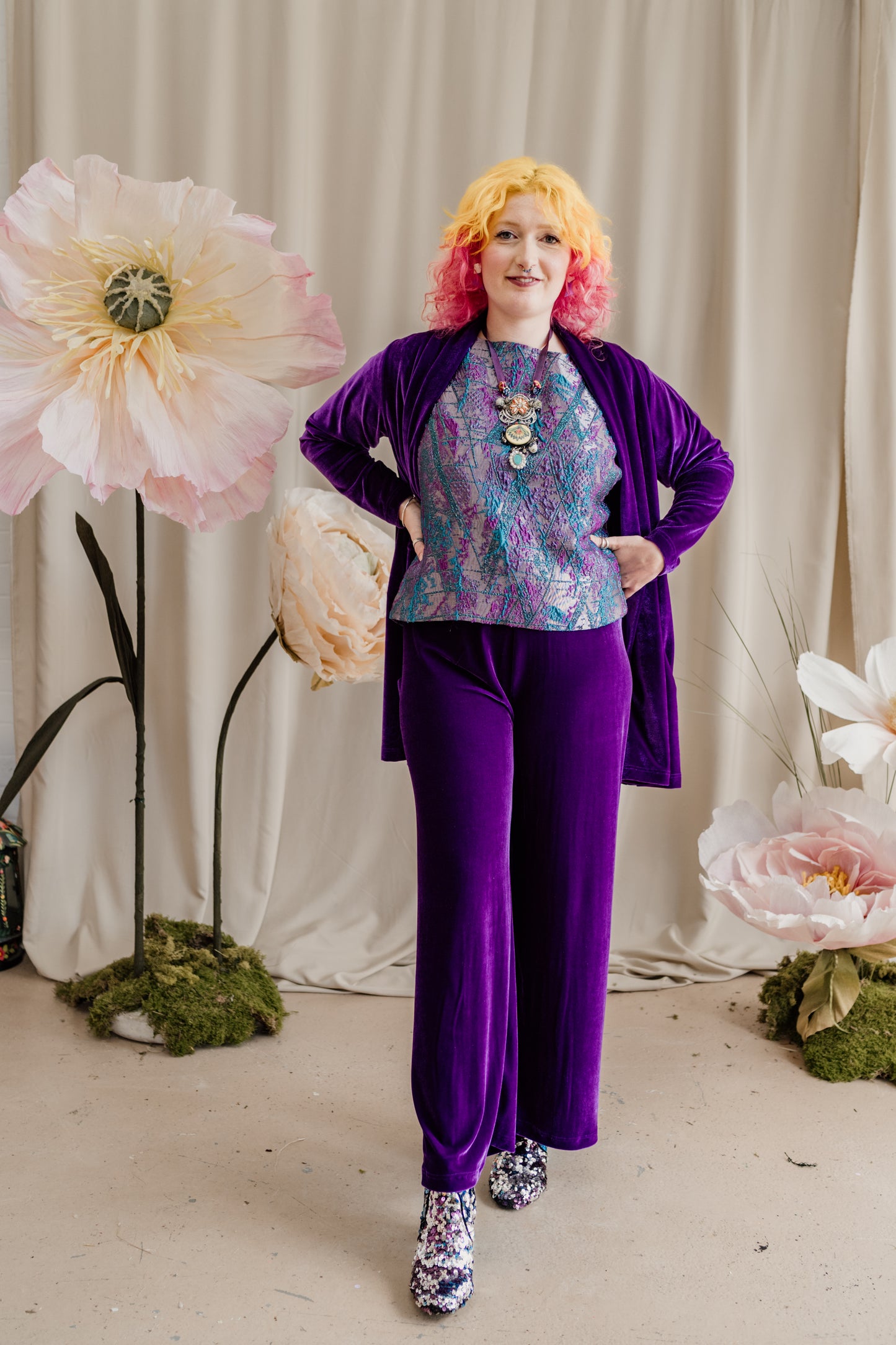 Velvet Straight Leg Trousers in Purple + 1 Colour