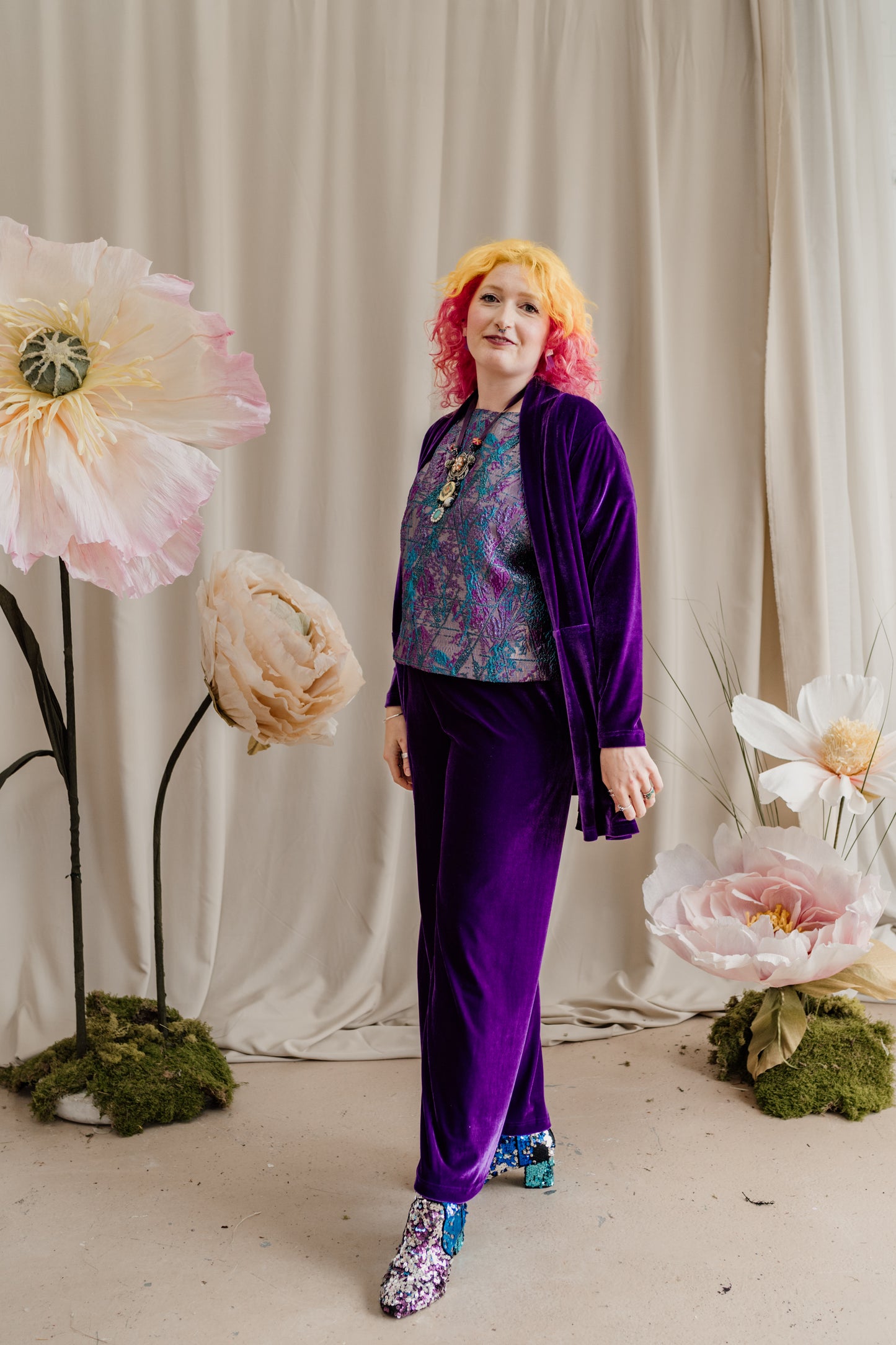 Velvet Straight Leg Trousers in Purple + 1 Colour