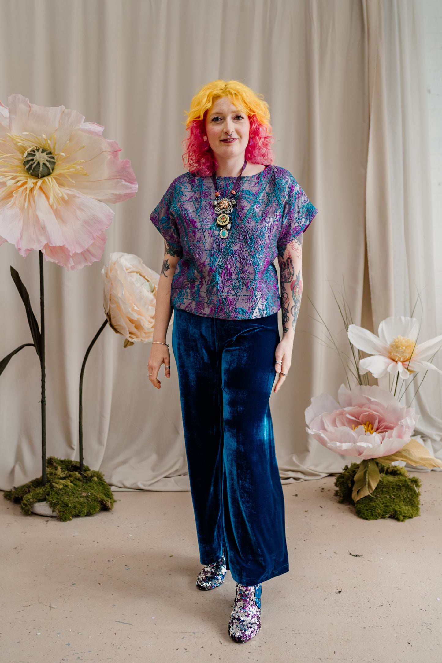 Velvet Straight Leg Trousers in Teal