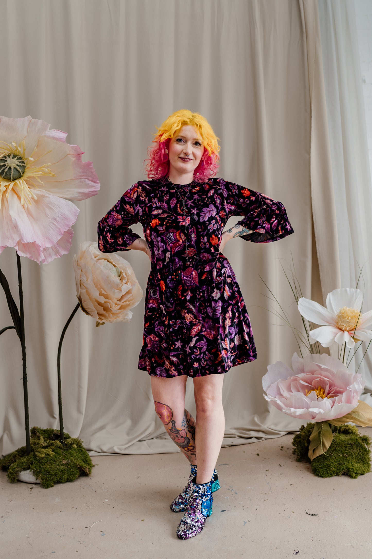 Velvet Ruffle Swing Dress in Purple Floral