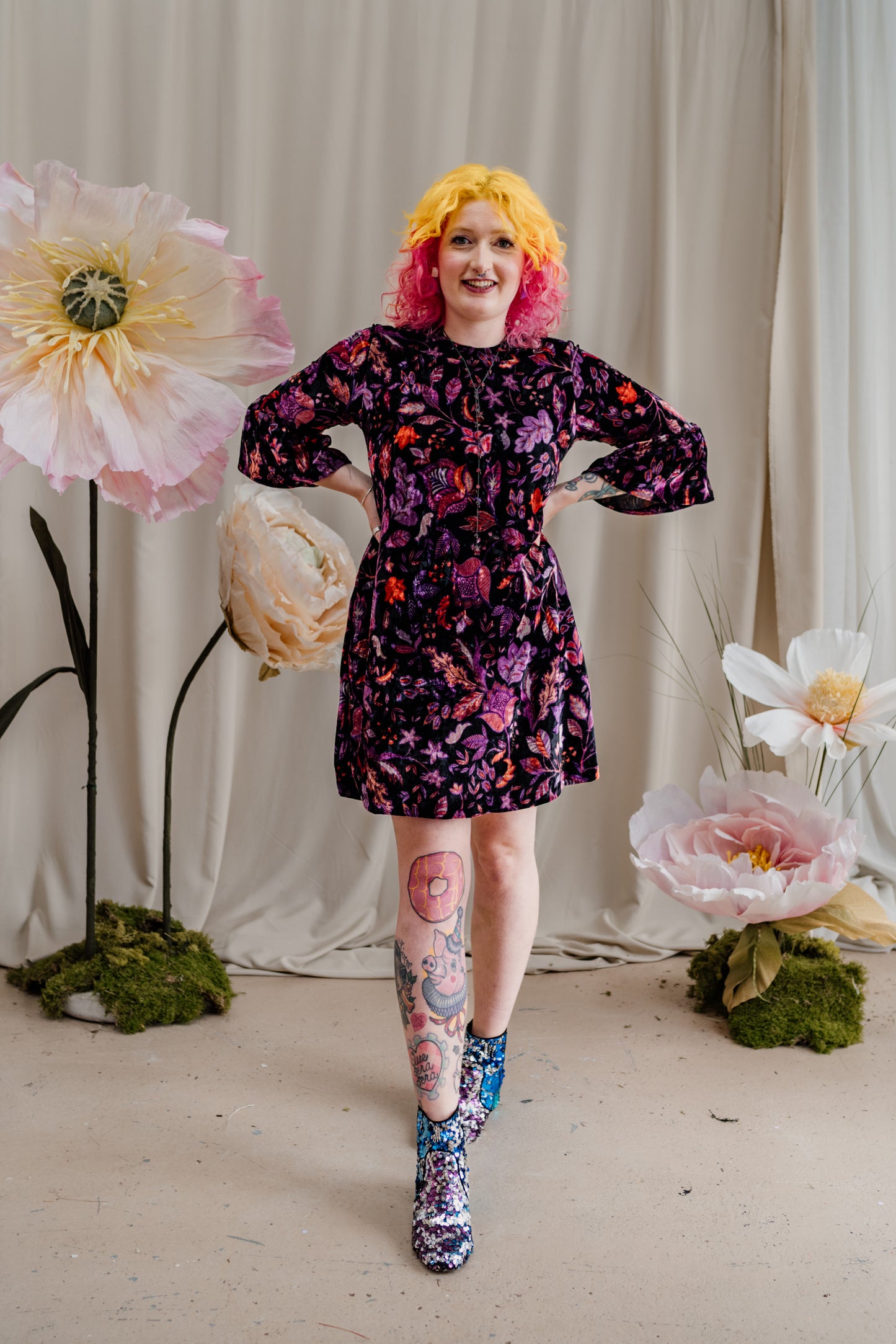 Velvet Ruffle Swing Dress in Purple Floral