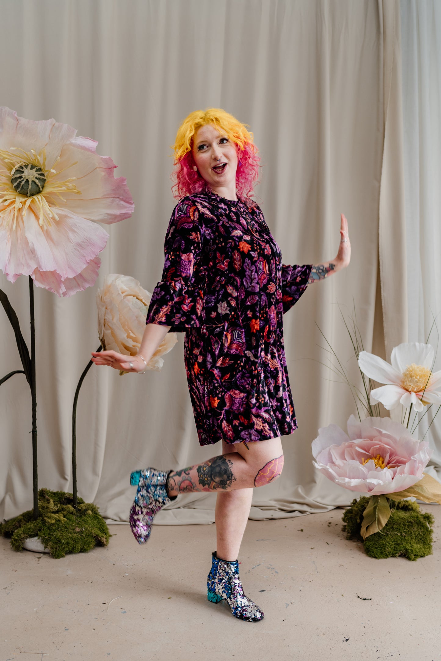 Velvet Ruffle Swing Dress in Purple Floral