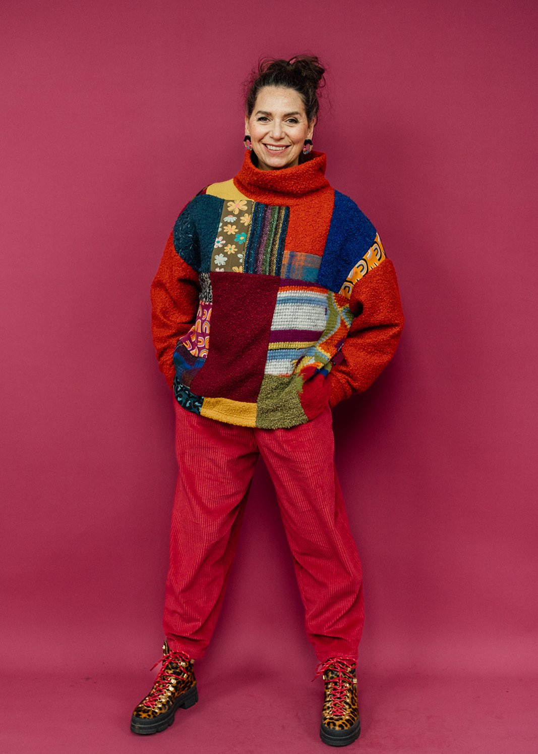 Patchwork Boucle Jumper in Orange + 1 Colour